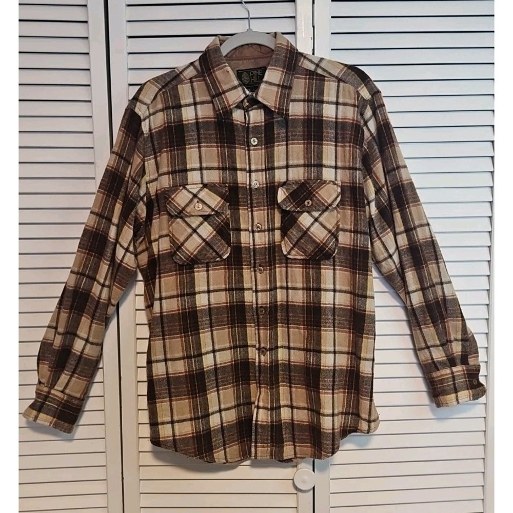 VTG 60s 70s Pine Hill Cotton‎ Plaid Flannel Long Sleeve Button Up Shirt L Brown
